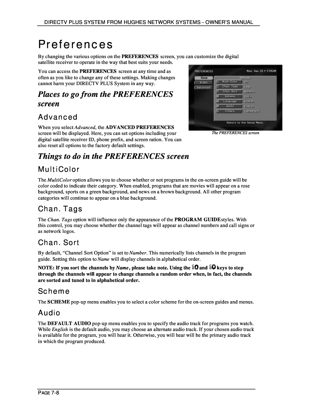 DirecTV HIRD-E25 Preferences, Places to go from the PREFERENCES screen, Things to do in the PREFERENCES screen, Advanced 