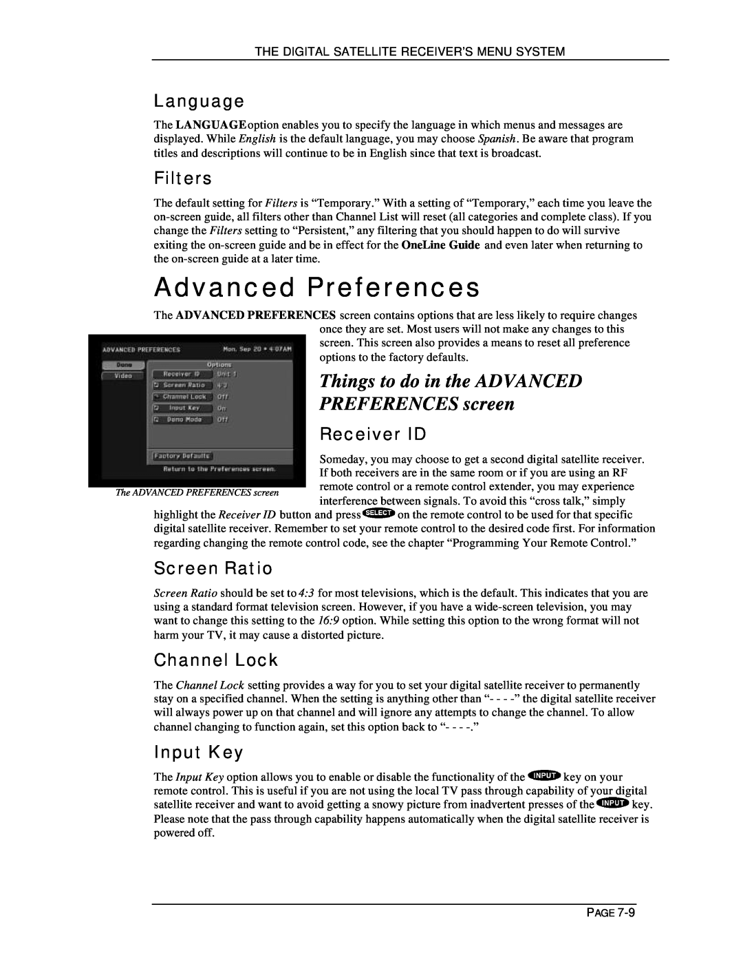 DirecTV HIRD-E11 Advanced Preferences, Things to do in the ADVANCED PREFERENCES screen, Language, Filters, Receiver ID 