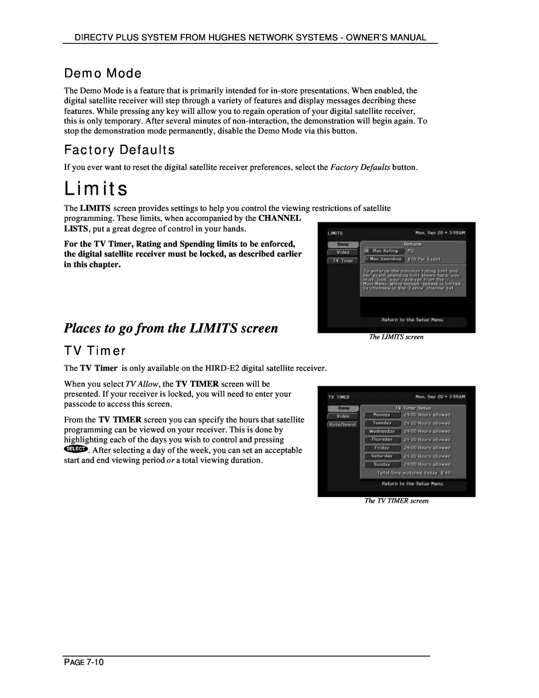 DirecTV HIRD-E25, HIRD-E11 owner manual Limits, Places to go from the LIMITS screen, Demo Mode, Factory Defaults, TV Timer 