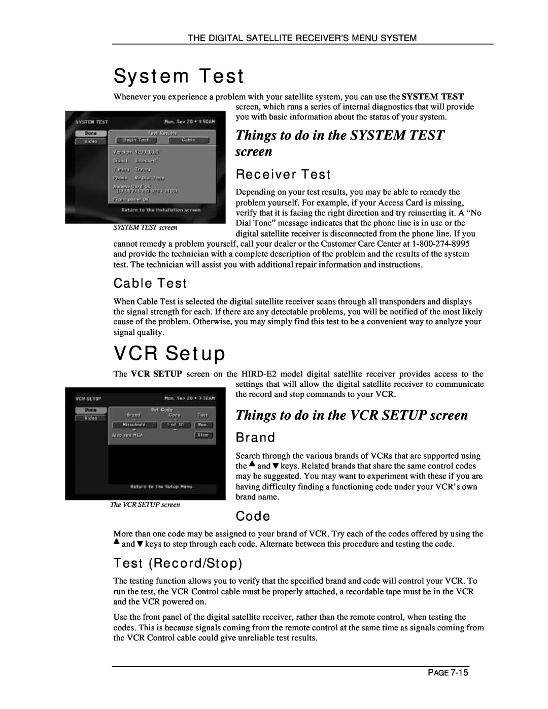 DirecTV HIRD-E11 System Test, VCR Setup, Things to do in the SYSTEM TEST screen, Things to do in the VCR SETUP screen 