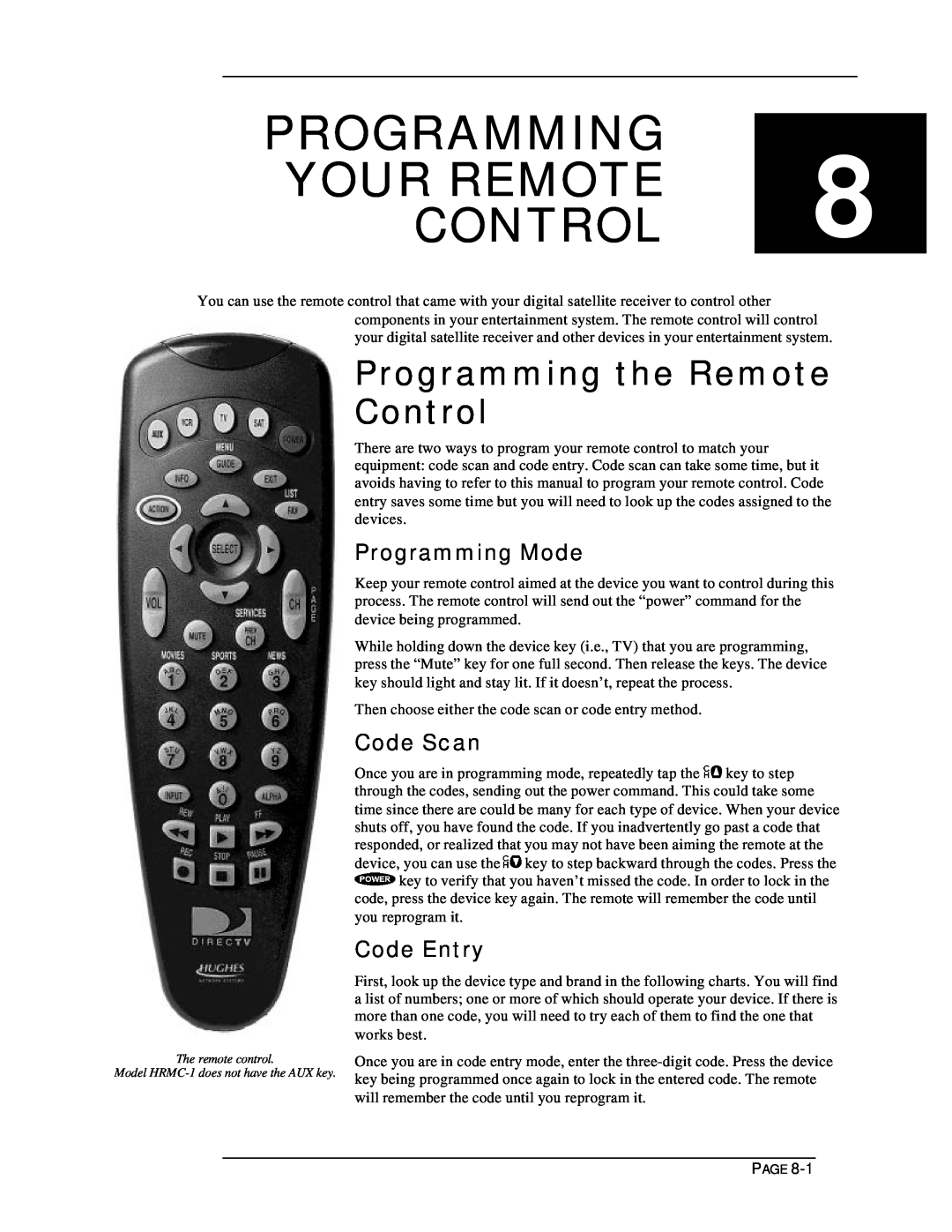 DirecTV HIRD-E11, HIRD-E25 PROGRAMMING YOUR REMOTE 8 CONTROL, Programming the Remote Control, Programming Mode, Code Scan 
