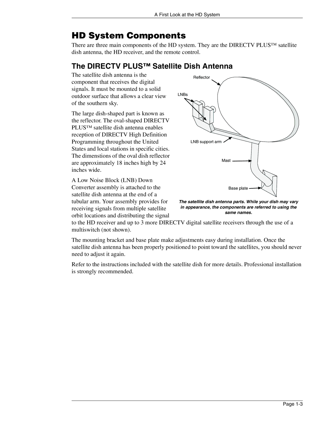 DirecTV HIRD-E86 manual HD System Components, Directv Plus Satellite Dish Antenna 