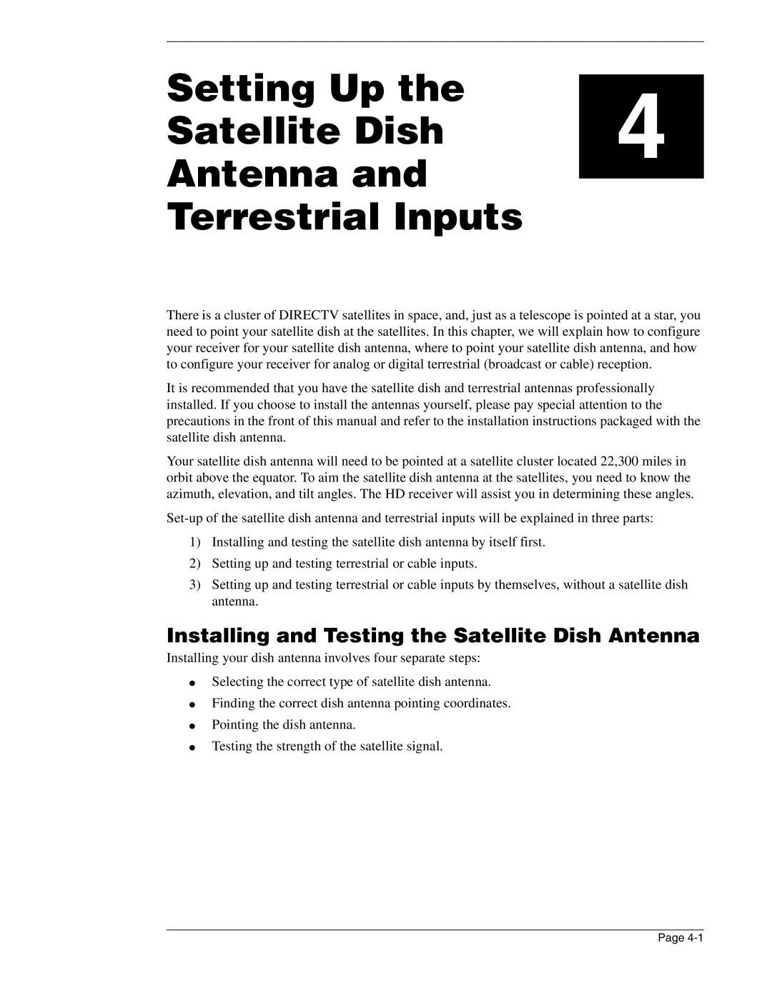 DirecTV HIRD-E86 Setting Up Satellite Dish Antenna Terrestrial Inputs, Installing and Testing the Satellite Dish Antenna 