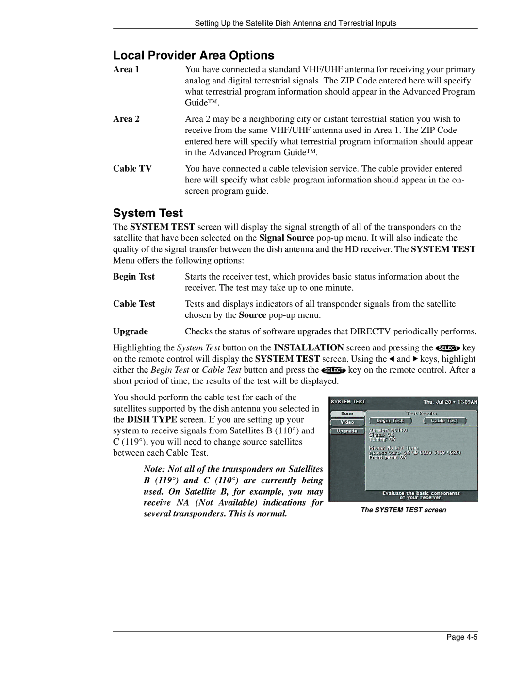 DirecTV HIRD-E86 manual Local Provider Area Options, System Test 