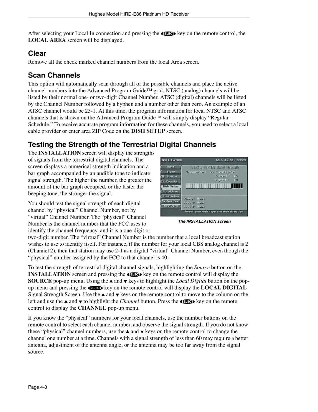 DirecTV HIRD-E86 manual Clear, Scan Channels, Testing the Strength of the Terrestrial Digital Channels 