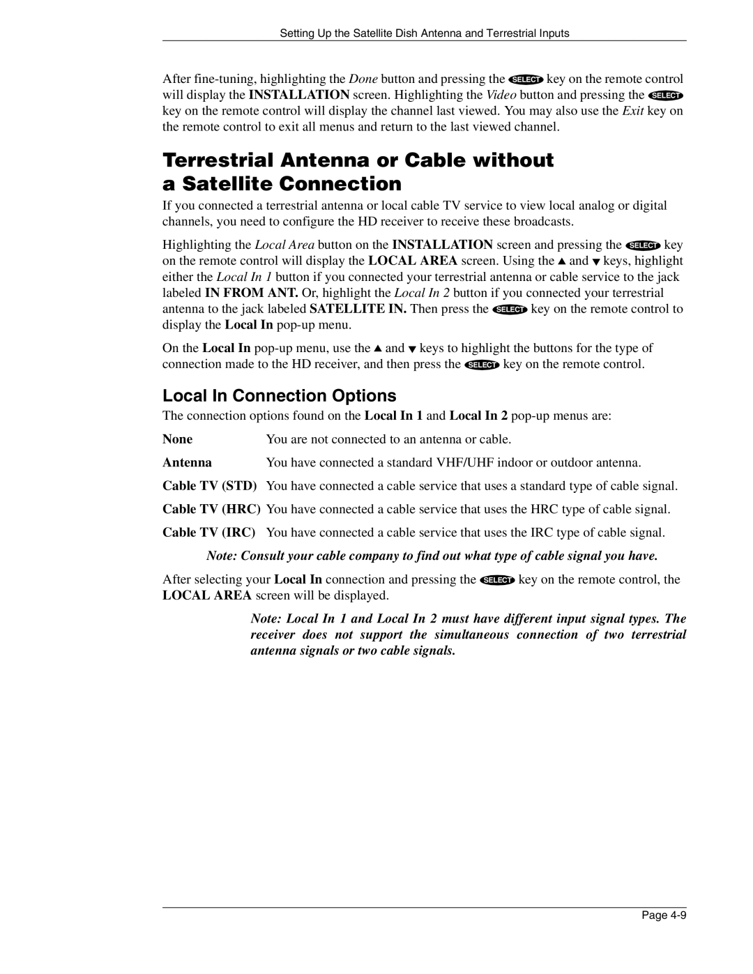 DirecTV HIRD-E86 manual Terrestrial Antenna or Cable without a Satellite Connection 