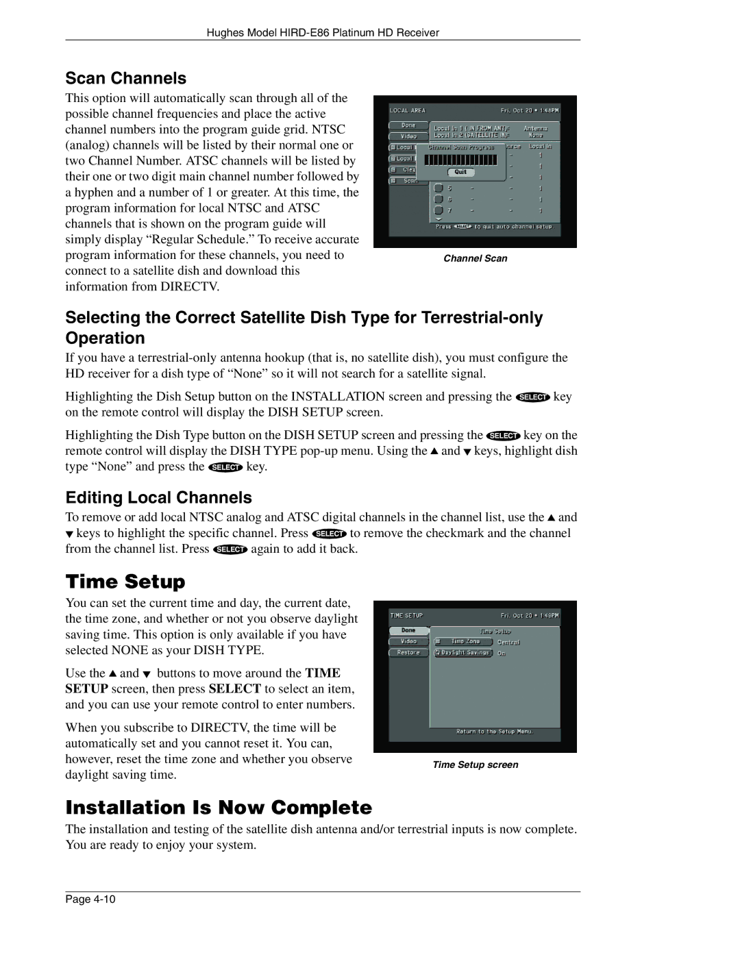 DirecTV HIRD-E86 manual Time Setup, Installation Is Now Complete, Editing Local Channels 