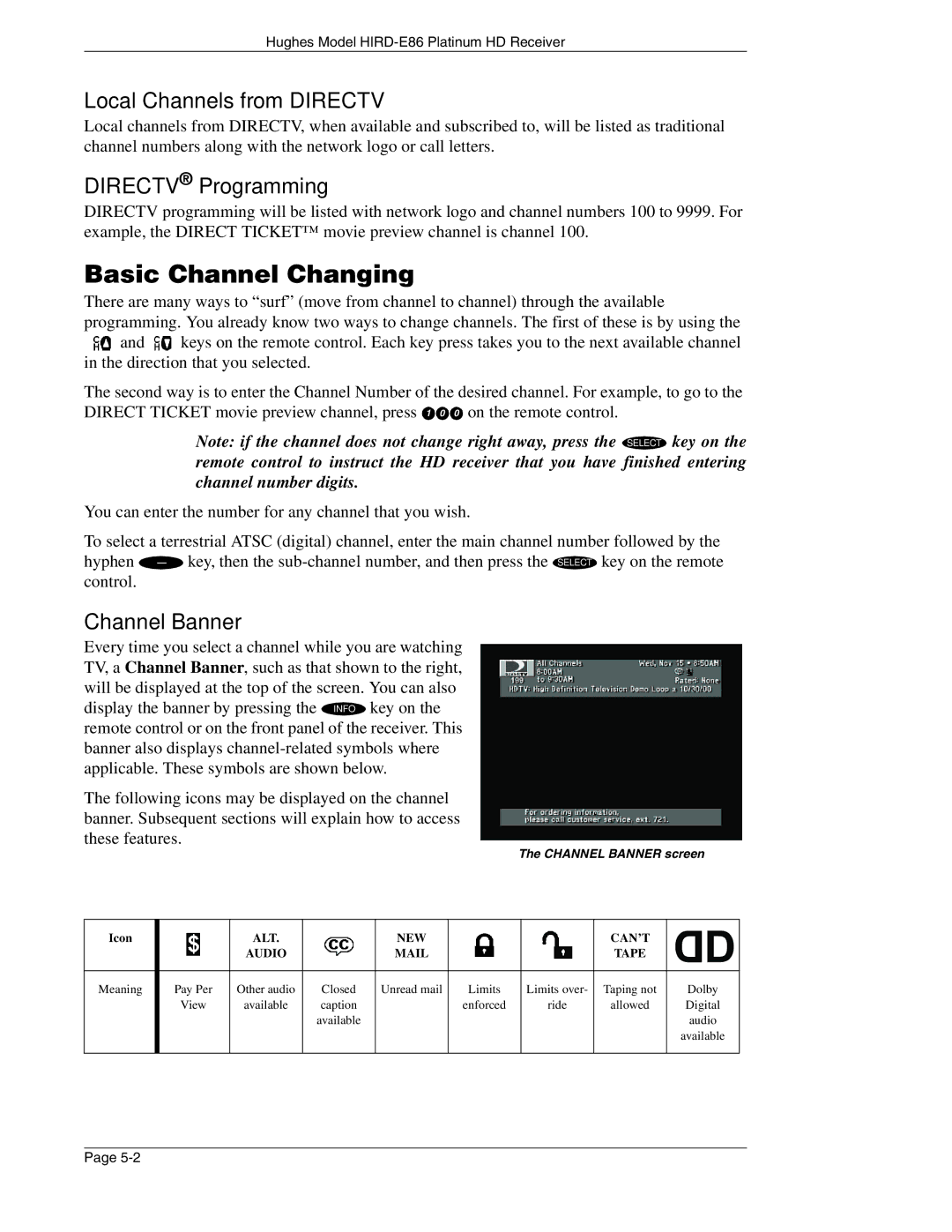 DirecTV HIRD-E86 manual Basic Channel Changing, Local Channels from Directv, Directv Programming, Channel Banner 