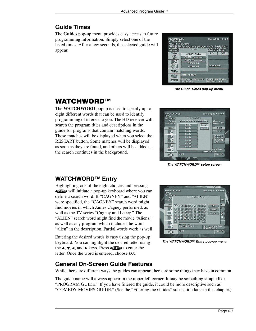 DirecTV HIRD-E86 manual Guide Times, Watchword Entry, General On-Screen Guide Features 