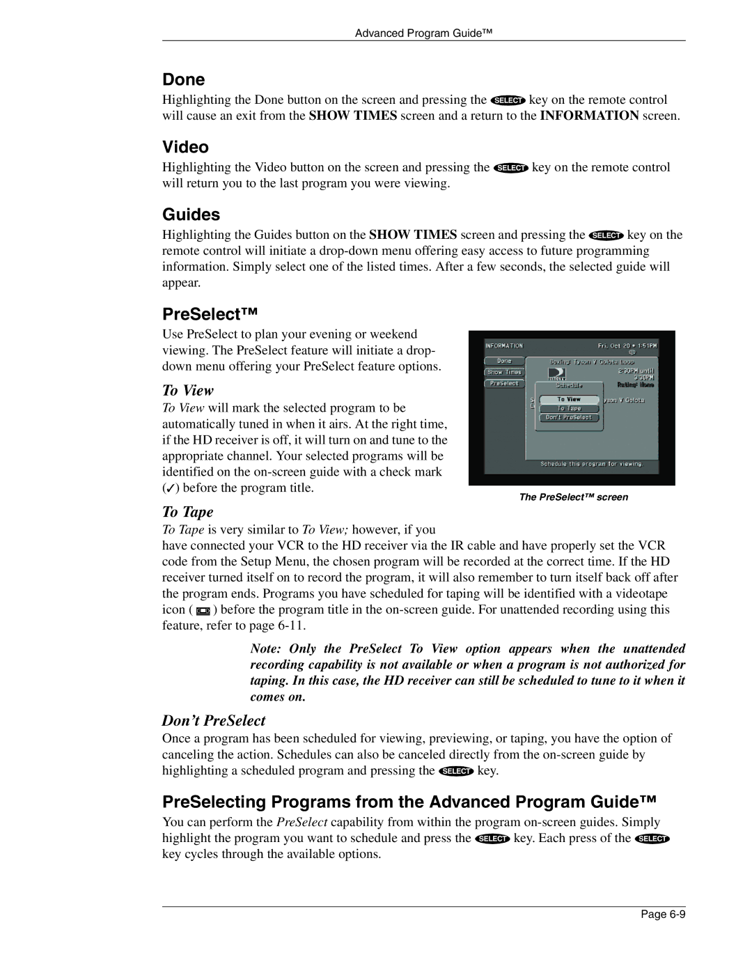 DirecTV HIRD-E86 manual Video, Guides, PreSelecting Programs from the Advanced Program Guide 