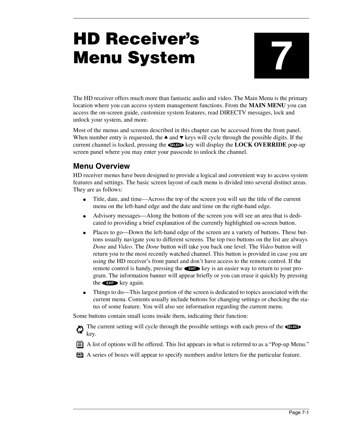 DirecTV HIRD-E86 manual HD Receiver’s Menu System, Menu Overview 