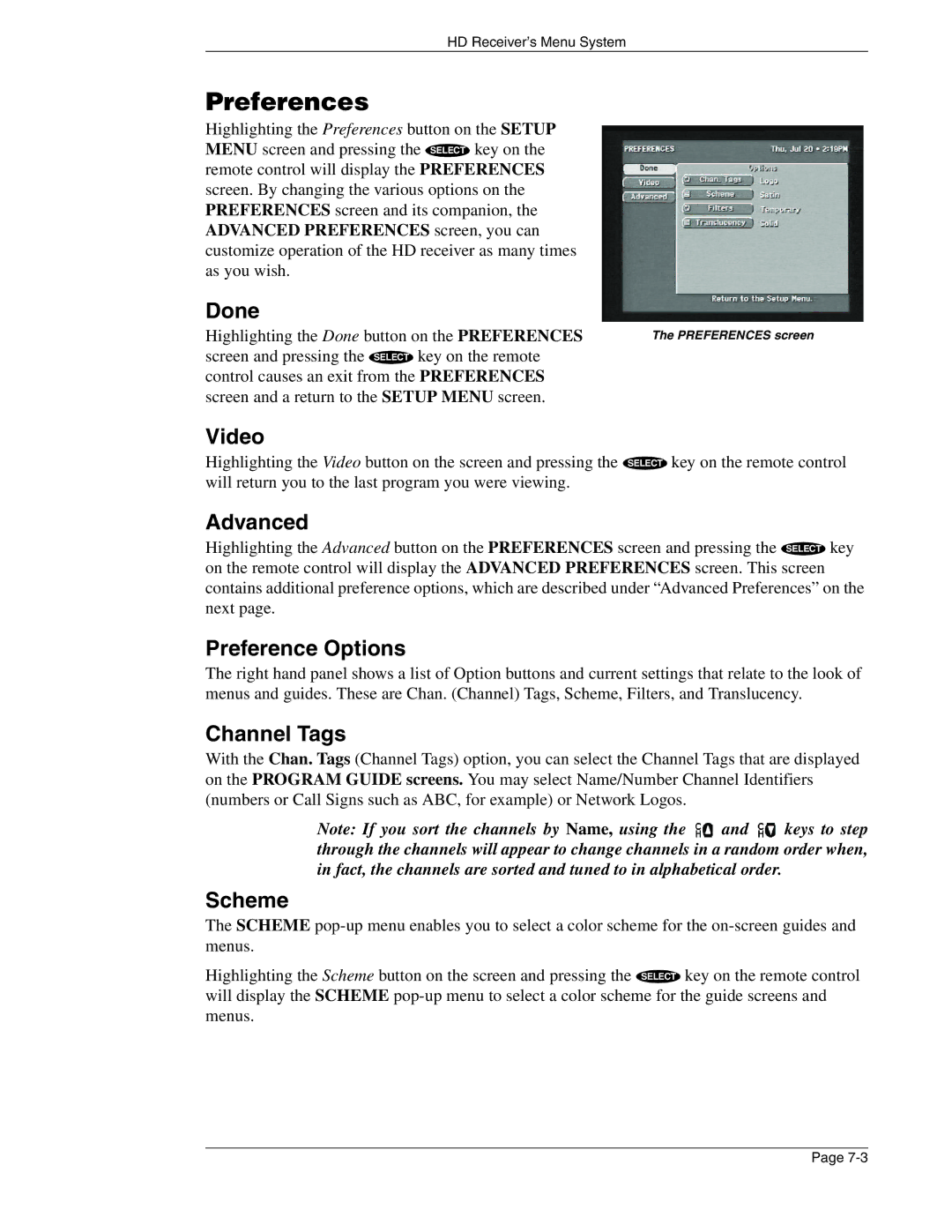 DirecTV HIRD-E86 manual Preferences, Advanced, Preference Options, Channel Tags, Scheme 