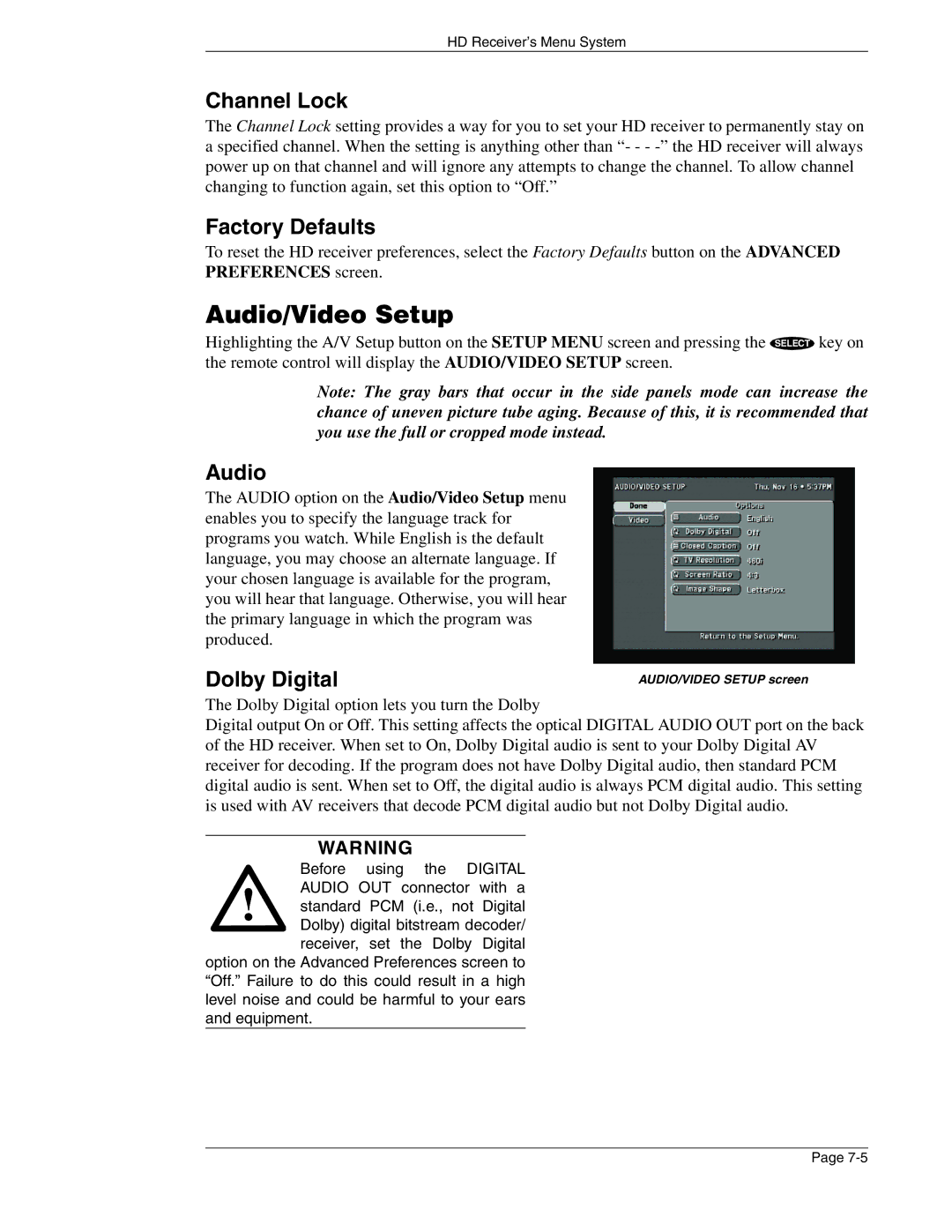 DirecTV HIRD-E86 manual Audio/Video Setup, Channel Lock, Factory Defaults, Dolby Digital 