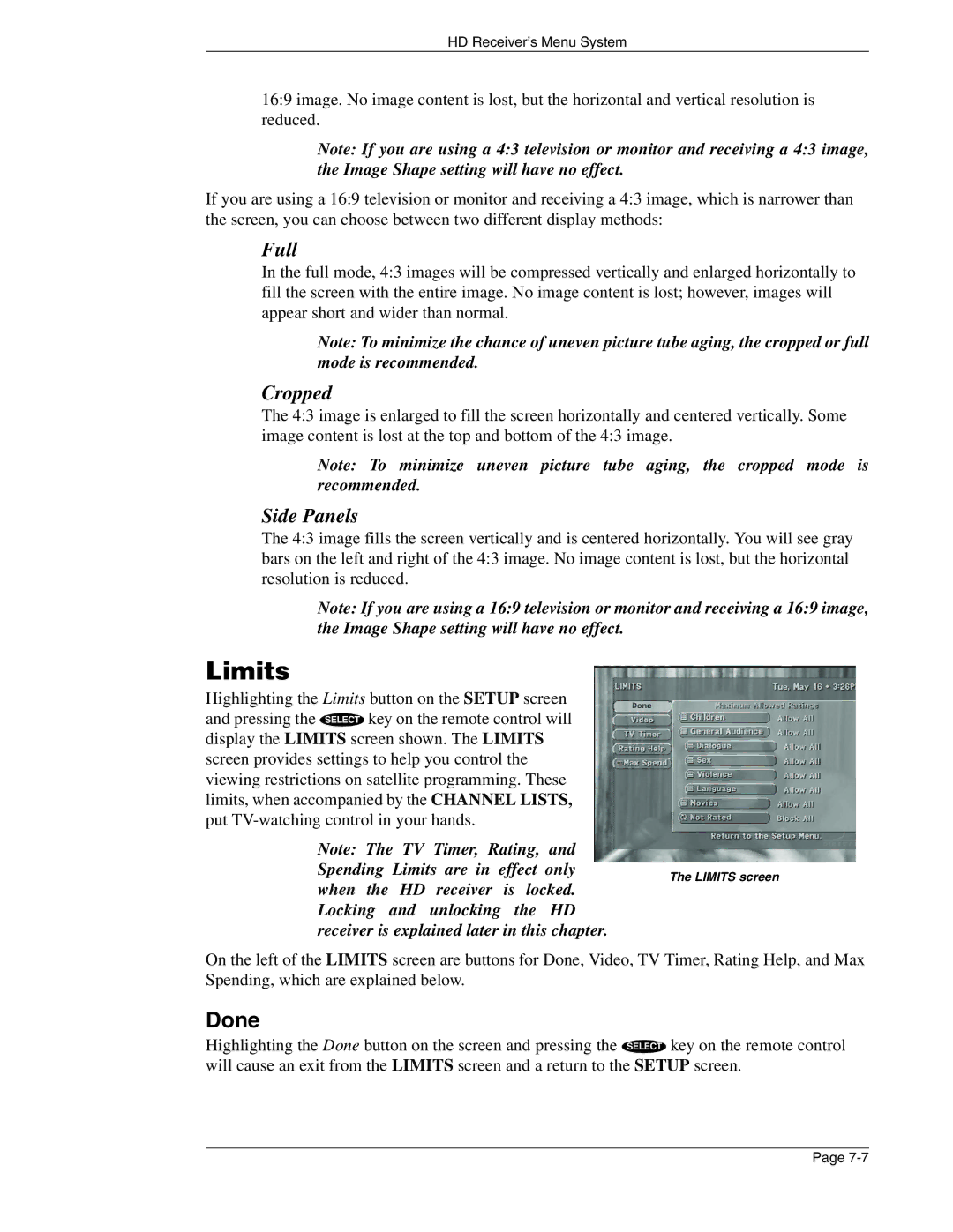 DirecTV HIRD-E86 manual Limits, Side Panels 