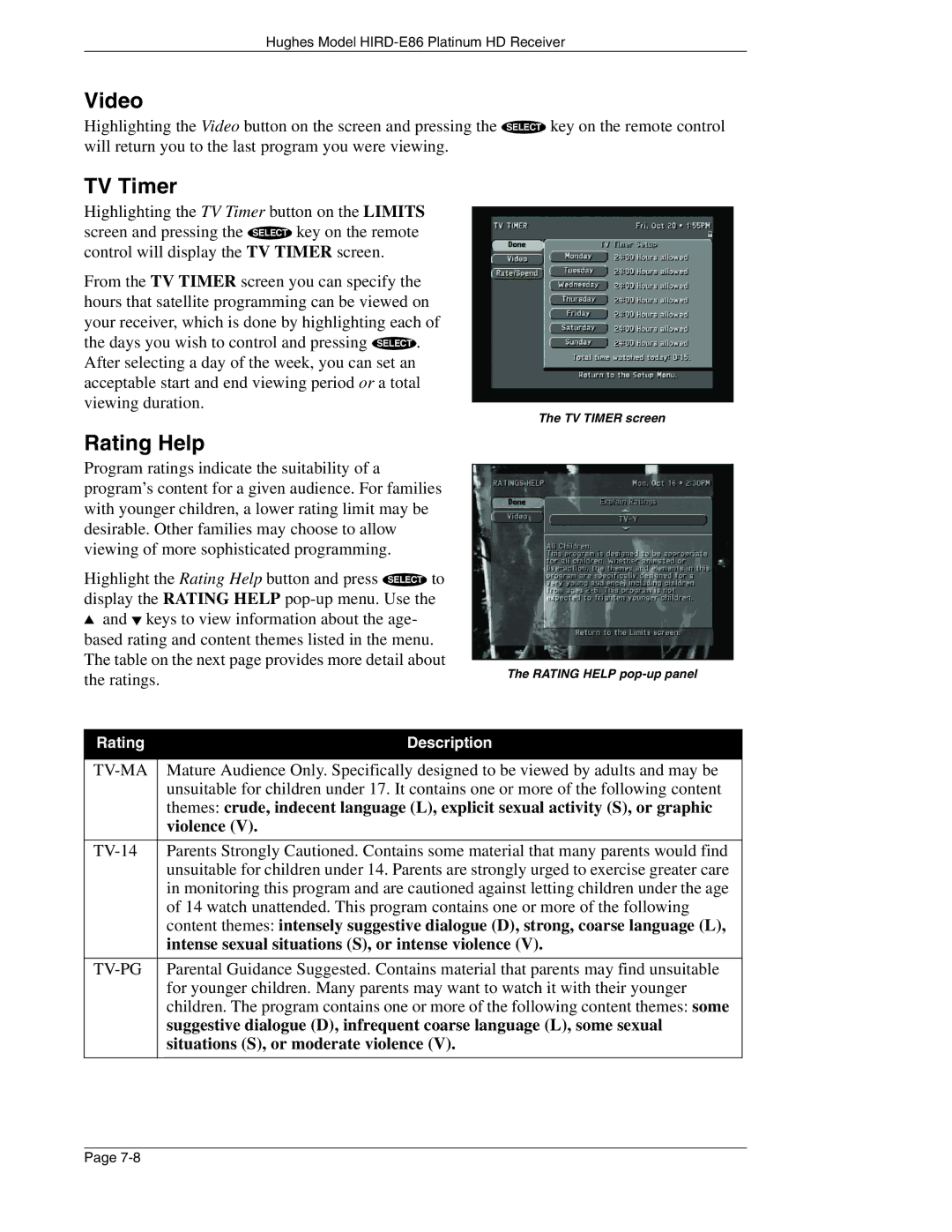 DirecTV HIRD-E86 manual TV Timer, Rating Help 