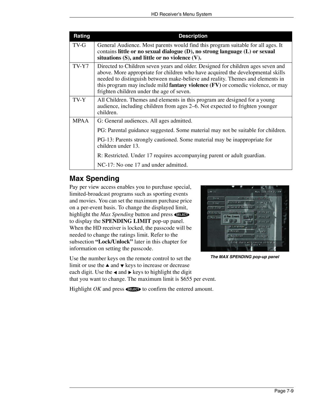 DirecTV HIRD-E86 manual Max Spending, TV-Y7 