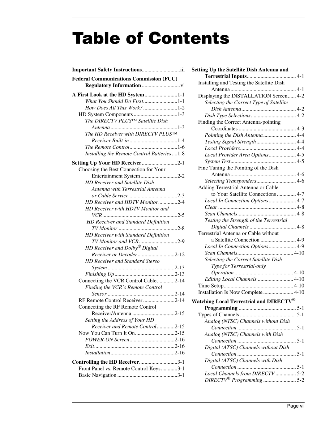 DirecTV HIRD-E86 manual Table of Contents 