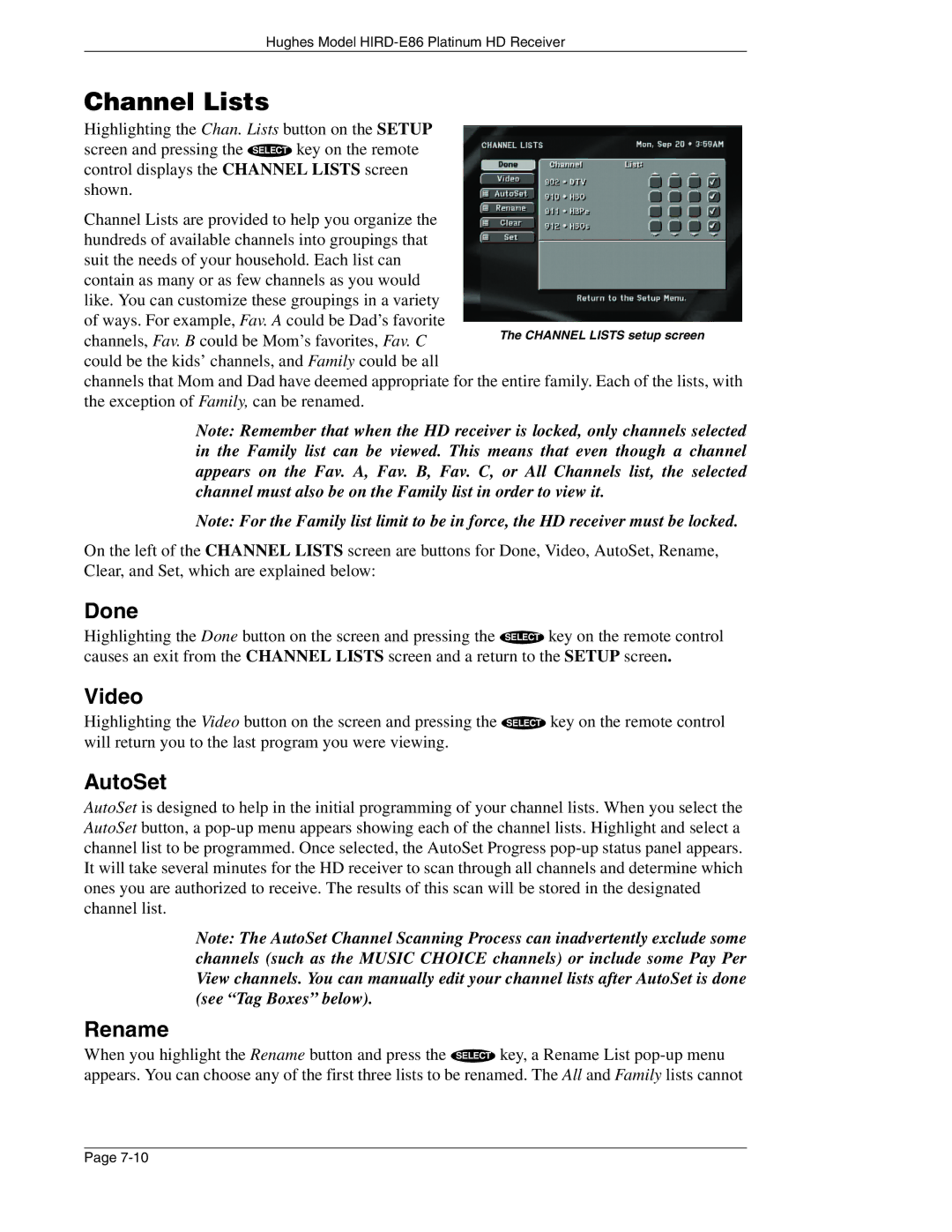 DirecTV HIRD-E86 manual Channel Lists, AutoSet, Rename 