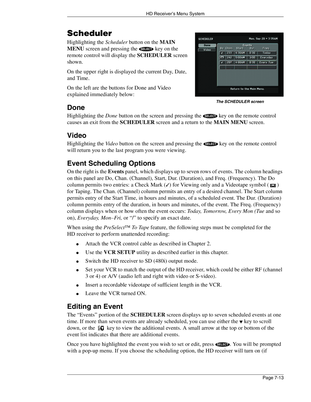 DirecTV HIRD-E86 manual Scheduler, Event Scheduling Options, Editing an Event 