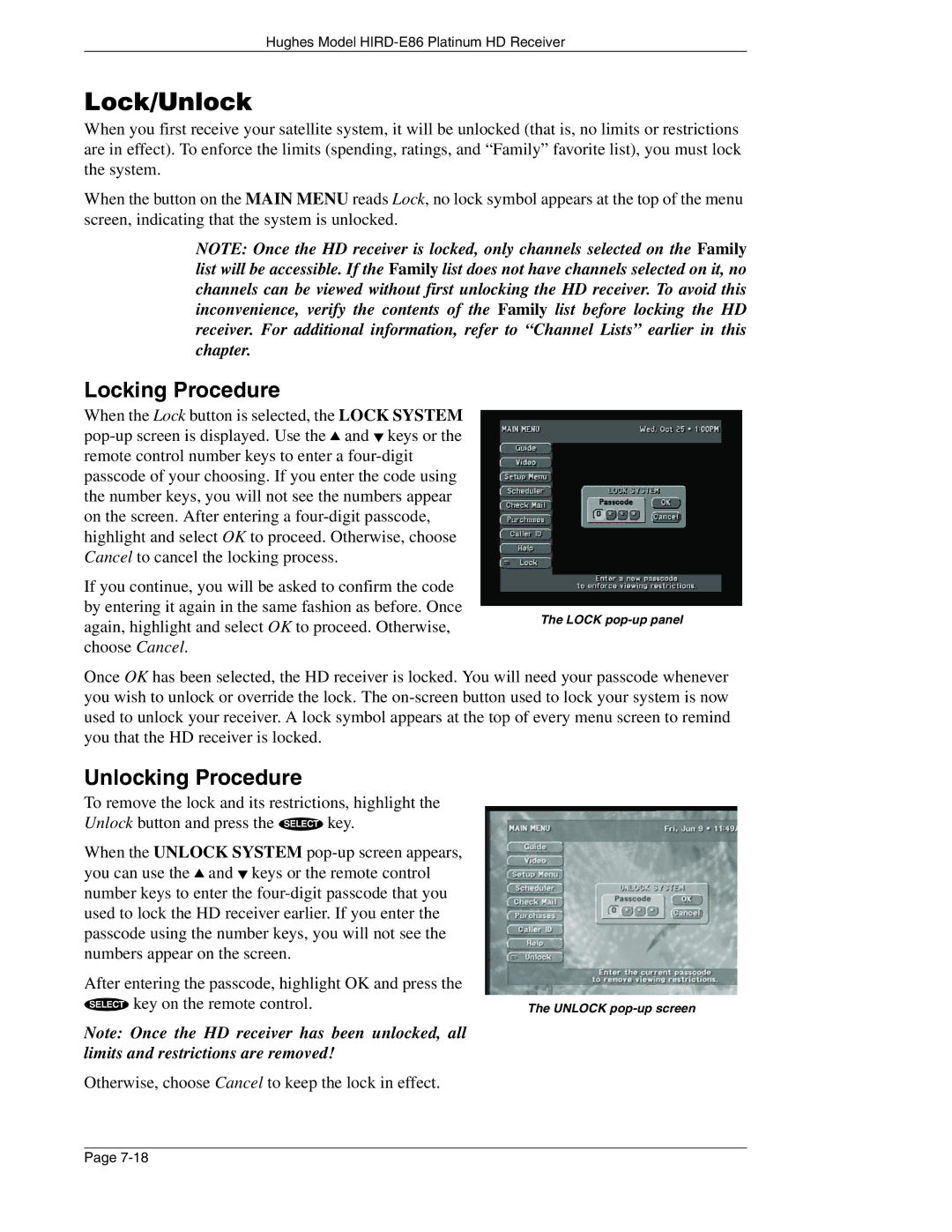 DirecTV HIRD-E86 manual Lock/Unlock, Locking Procedure, Unlocking Procedure 