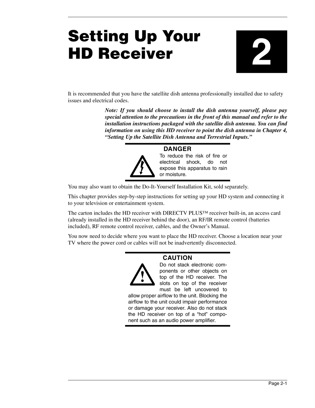 DirecTV HIRD-E86 manual Setting Up Your, HD Receiver, Danger 
