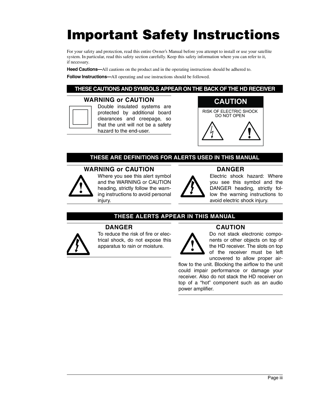 DirecTV HIRD-E86 manual WARNING or CAUTION, Danger, Important Safety Instructions 