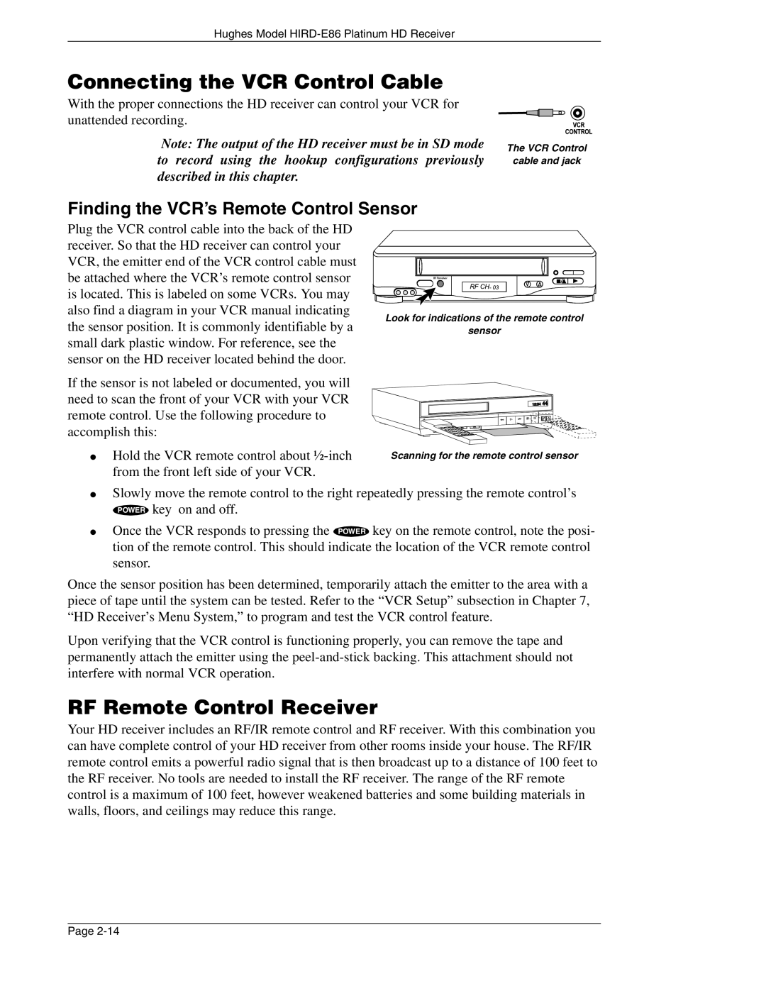 DirecTV HIRD-E86 Connecting the VCR Control Cable, RF Remote Control Receiver, Finding the VCR’s Remote Control Sensor 