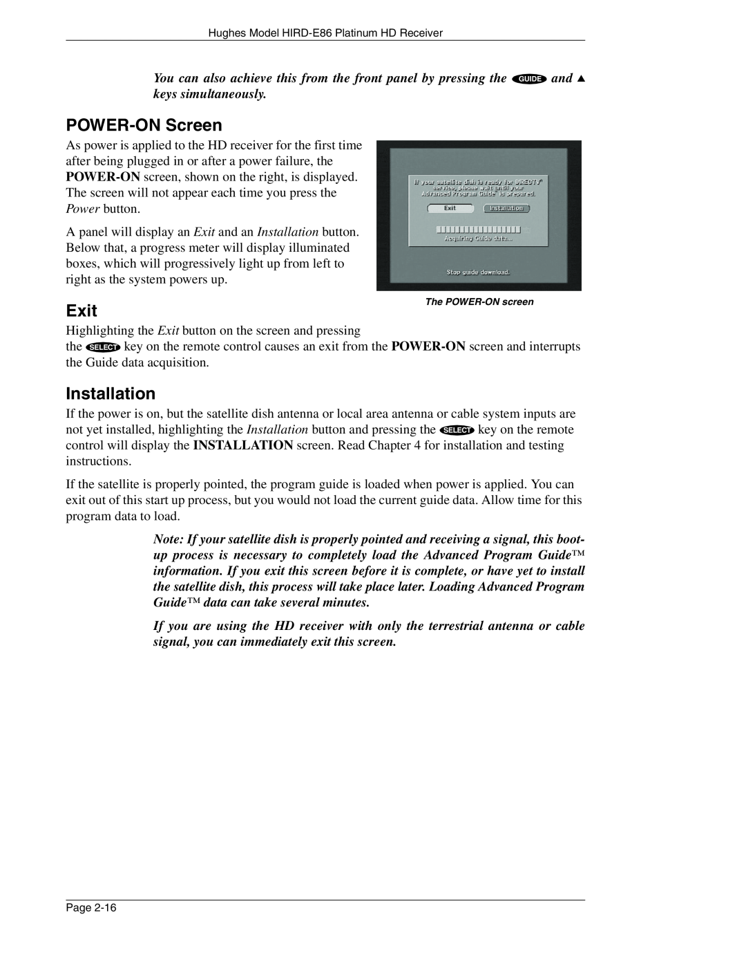 DirecTV HIRD-E86 manual POWER-ONScreen, Exit, Installation, The POWER-ONscreen 