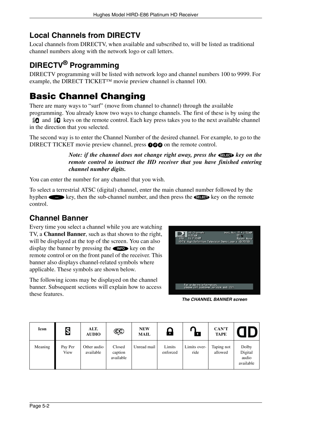DirecTV HIRD-E86 manual Basic Channel Changing, Local Channels from DIRECTV, DIRECTV Programming, Channel Banner 