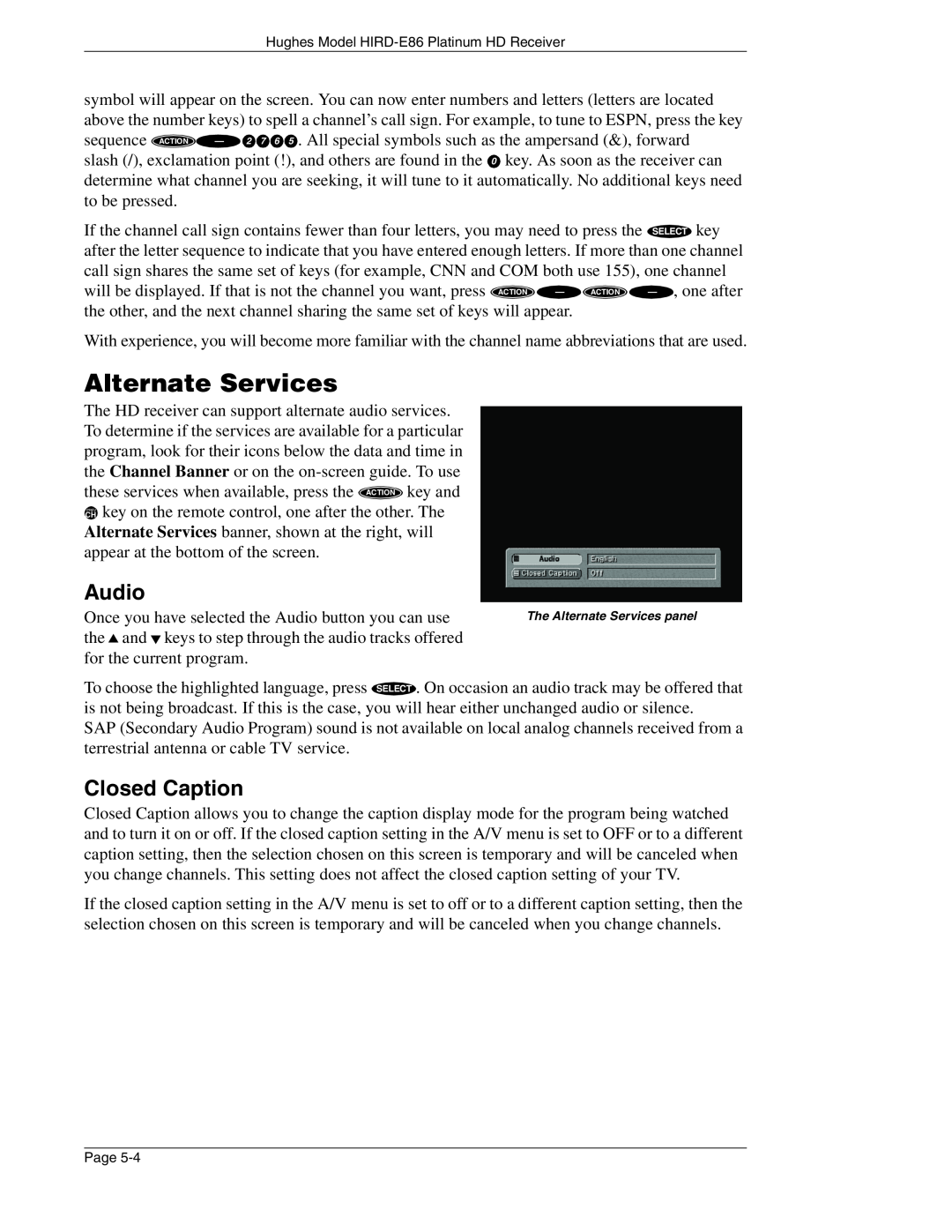 DirecTV HIRD-E86 manual Alternate Services, Audio, Closed Caption 