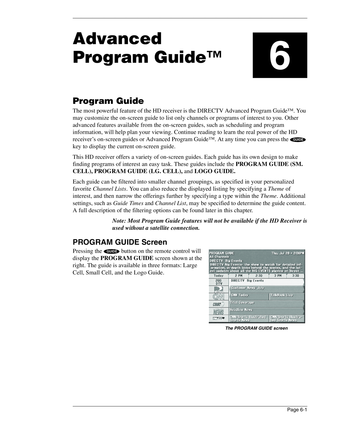 DirecTV HIRD-E86 manual Advanced, Program Guide, PROGRAM GUIDE Screen 