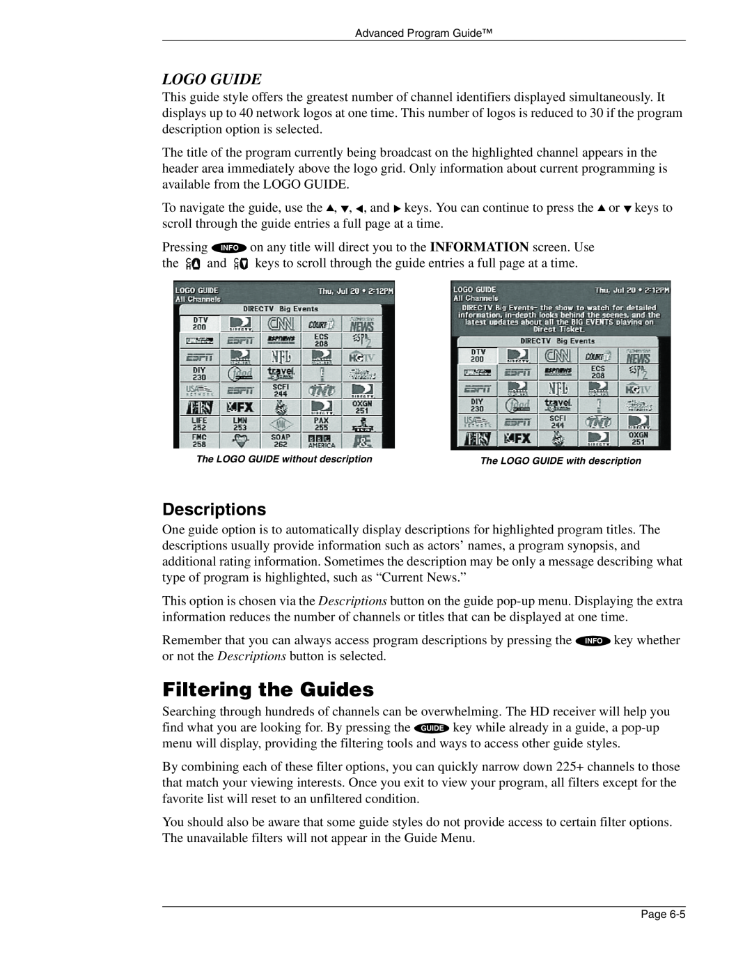DirecTV HIRD-E86 manual Filtering the Guides, Descriptions, Logo Guide 