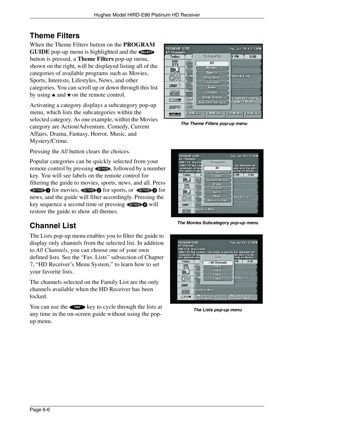 DirecTV HIRD-E86 manual Theme Filters, Channel List 
