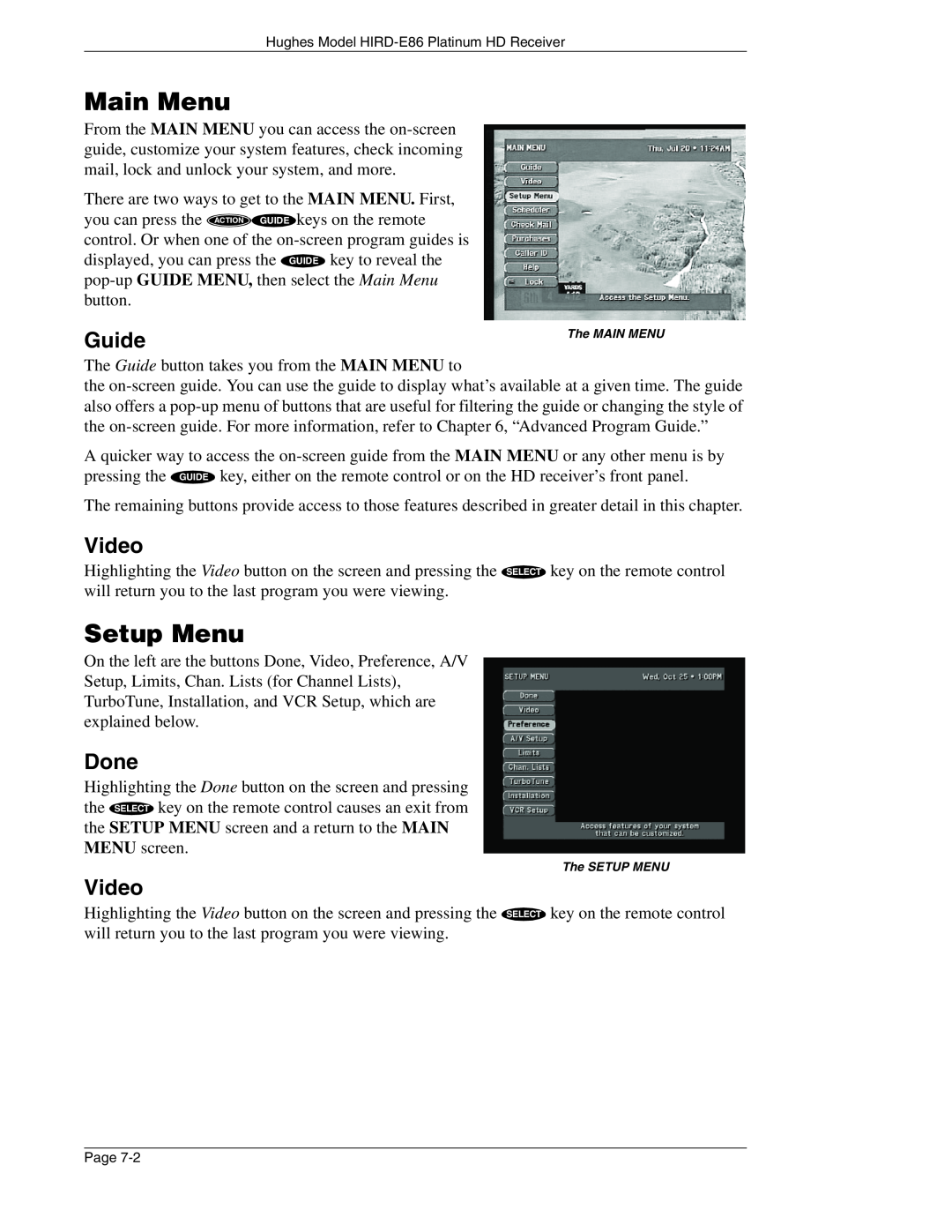 DirecTV HIRD-E86 manual Main Menu, Setup Menu, Guide, Video, Done 