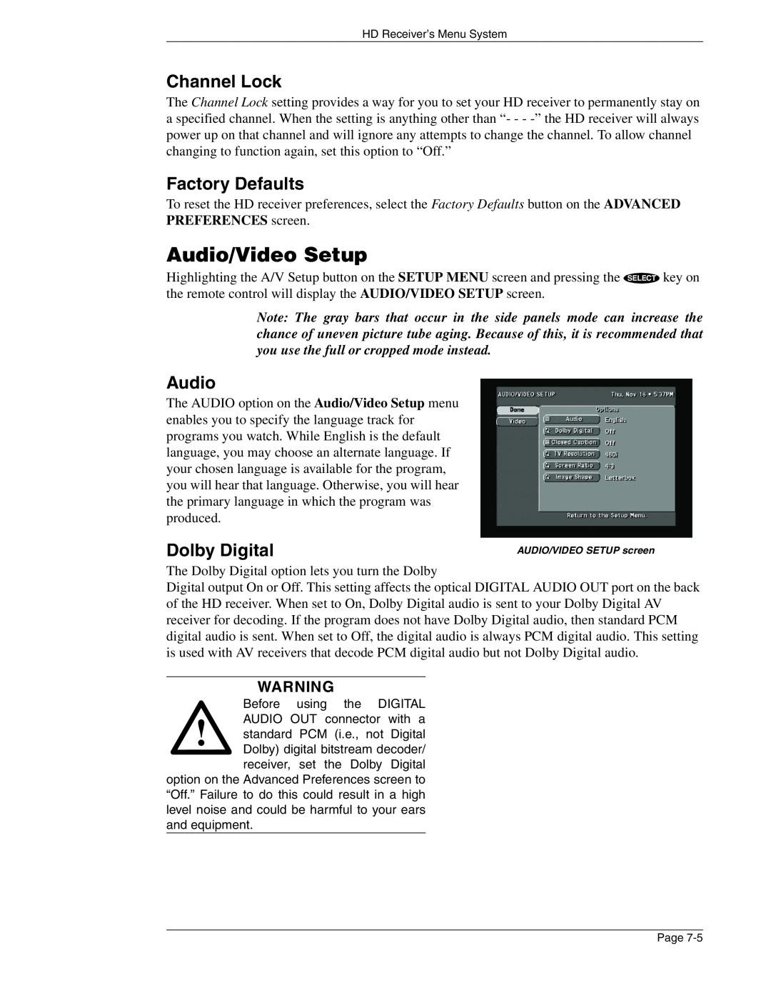 DirecTV HIRD-E86 manual Audio/Video Setup, Channel Lock, Factory Defaults, Dolby Digital 