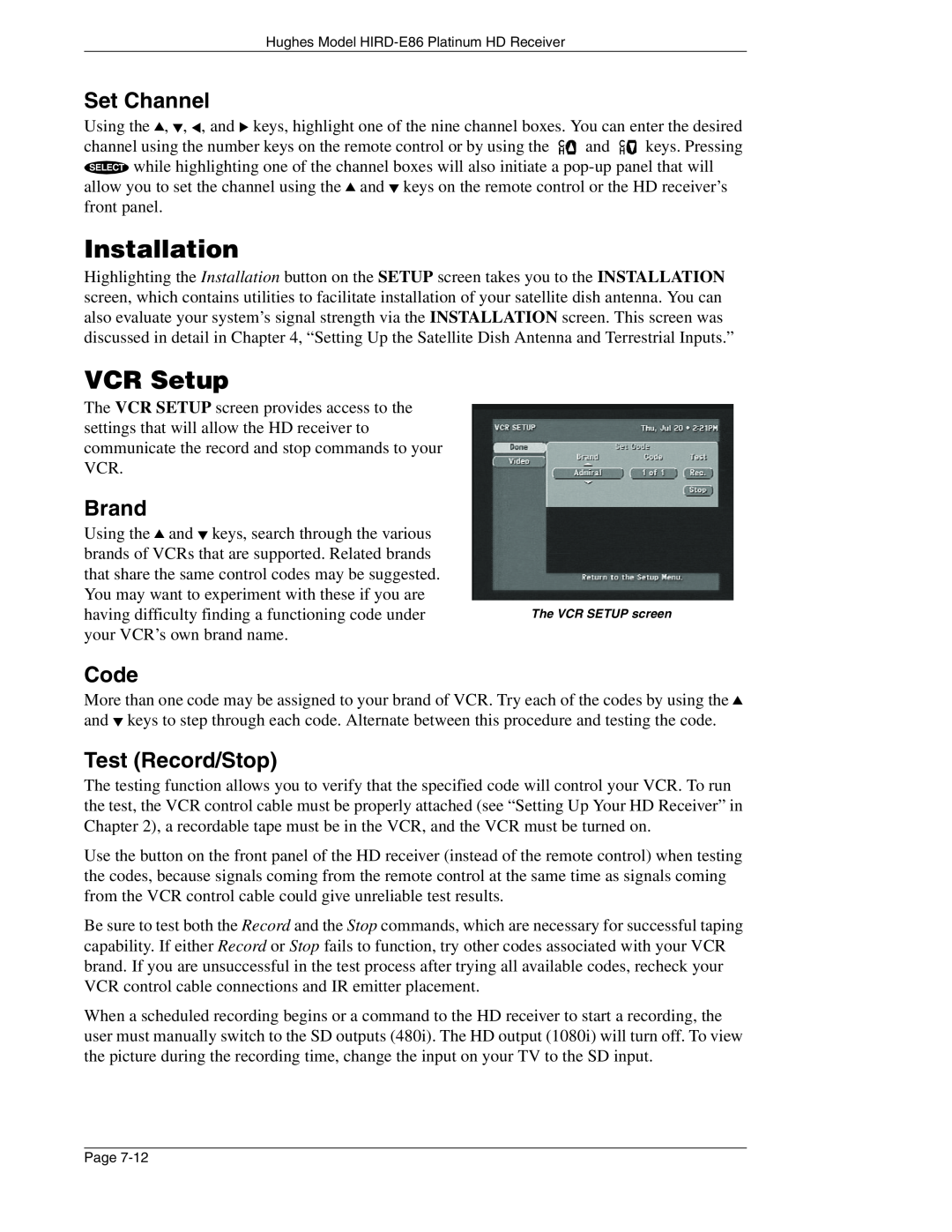 DirecTV HIRD-E86 manual Installation, VCR Setup, Set Channel, Brand, Code, Test Record/Stop 
