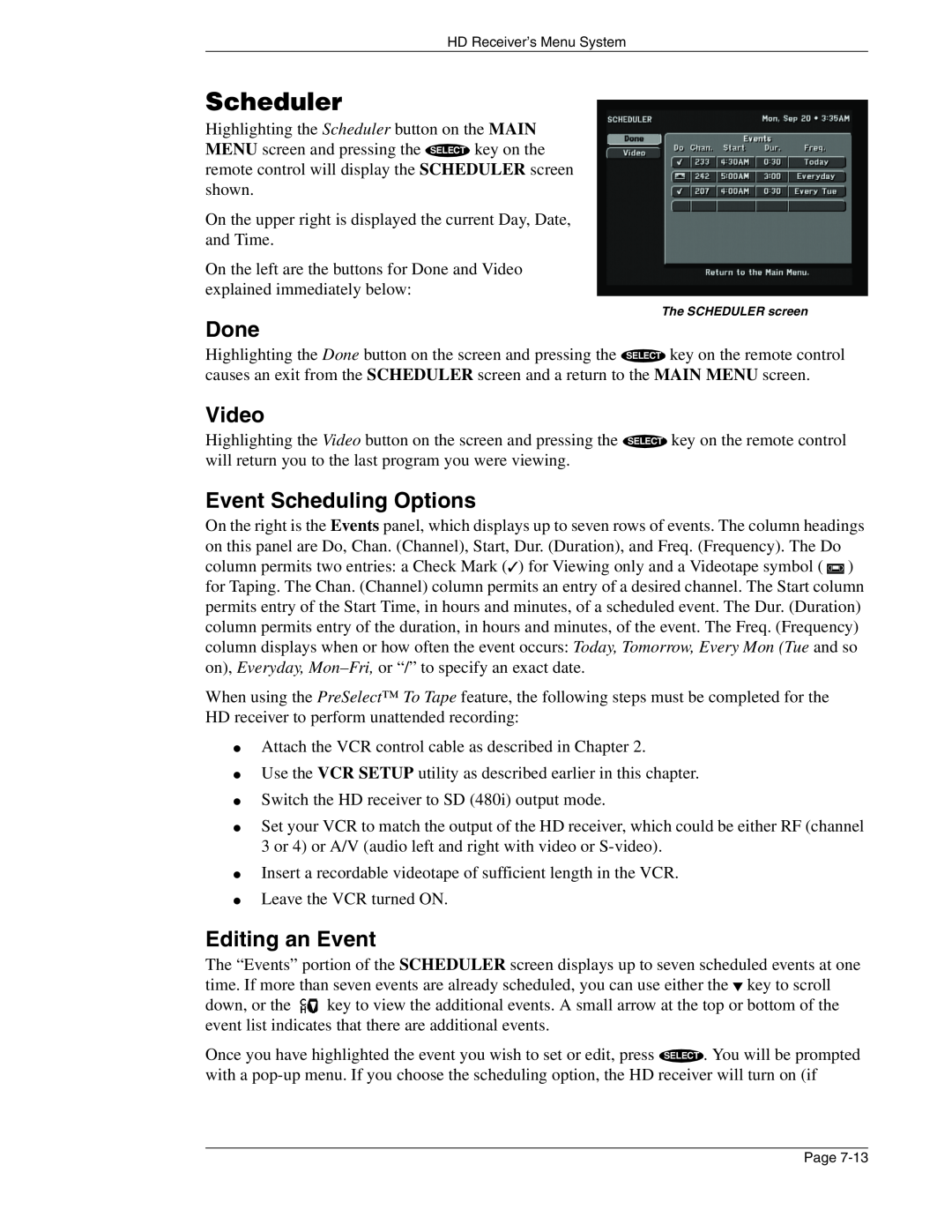 DirecTV HIRD-E86 manual Scheduler, Event Scheduling Options, Editing an Event, Done, Video 