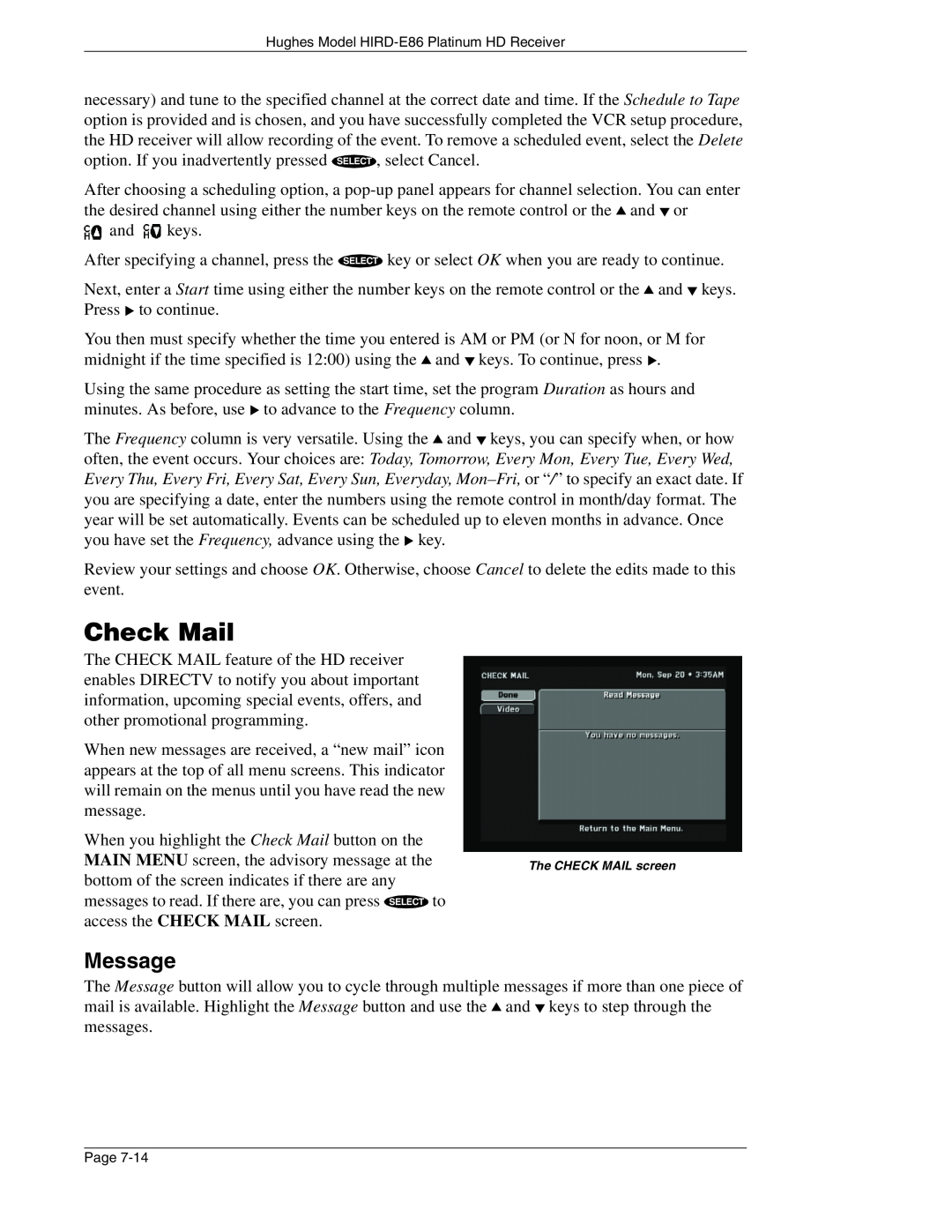 DirecTV HIRD-E86 manual Check Mail, Message 