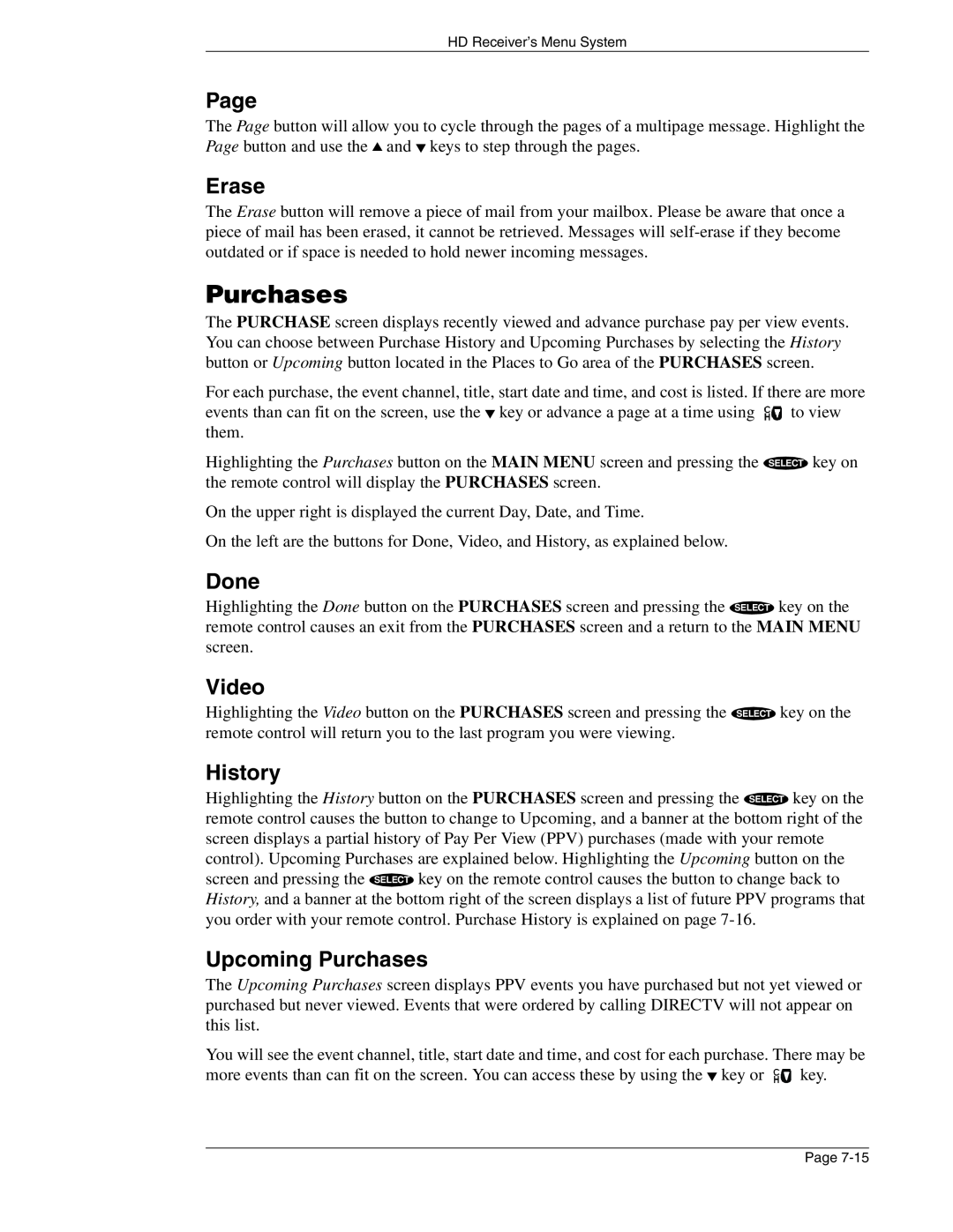 DirecTV HIRD-E86 manual Page, Erase, History, Upcoming Purchases, Done, Video 