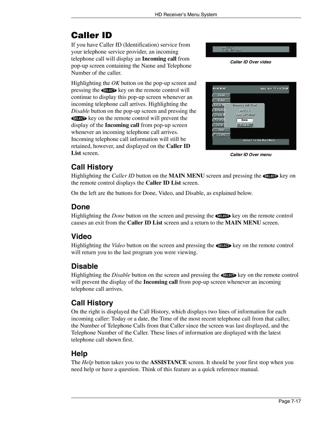 DirecTV HIRD-E86 manual Caller ID, Call History, Disable, Help, Done, Video 
