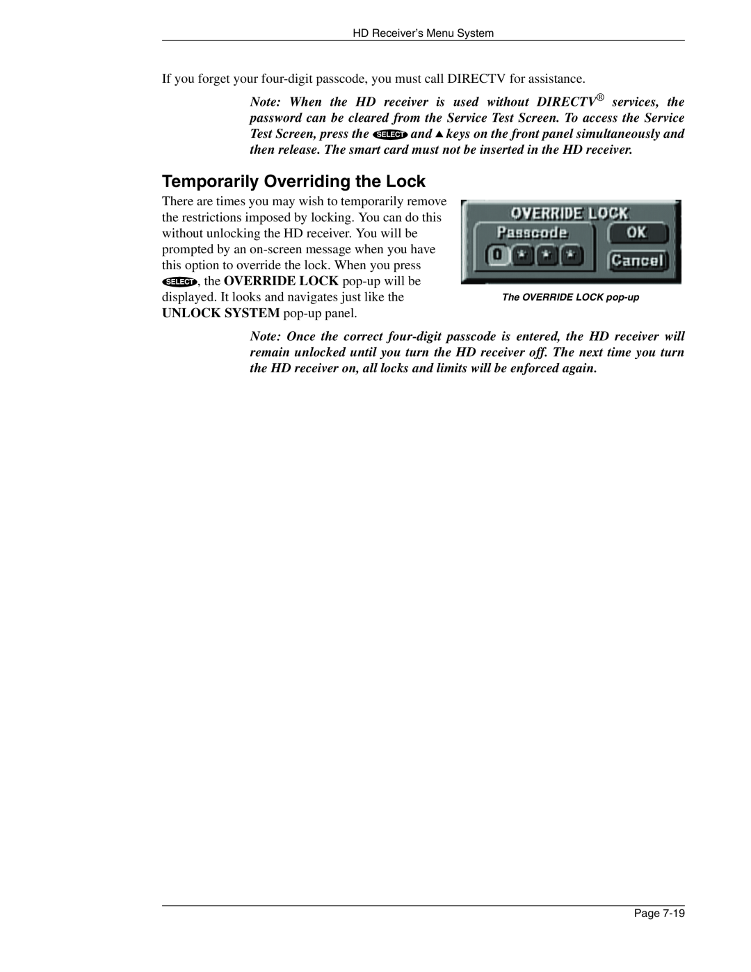 DirecTV HIRD-E86 manual Temporarily Overriding the Lock 