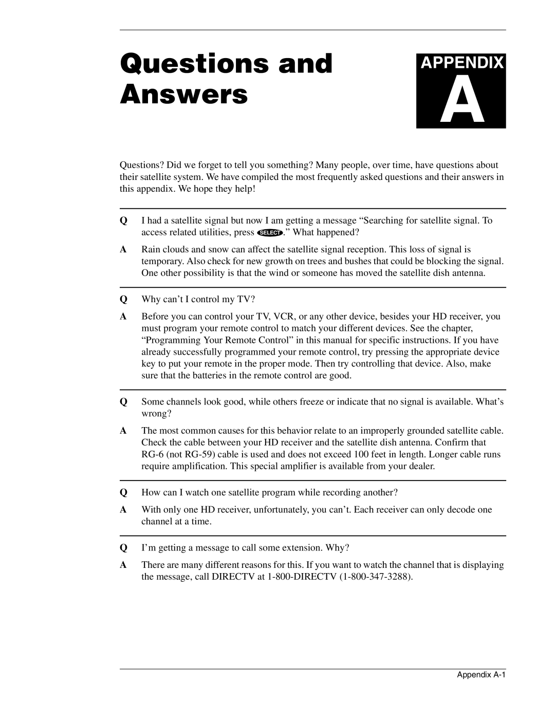 DirecTV HIRD-E86 manual Questions and, Answers, Appendix 