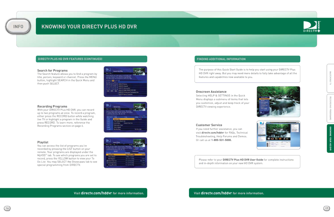 DirecTV HR20QSG0806 quick start Search for Programs, Recording Programs, Playlist, Onscreen Assistance, Customer Service 
