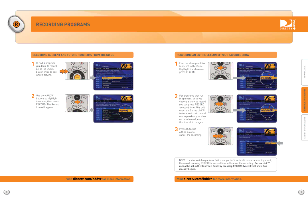 DirecTV HR20QSG0806 Recording Current and Future programs FRom the guide, Recording an entire season of your favorite show 
