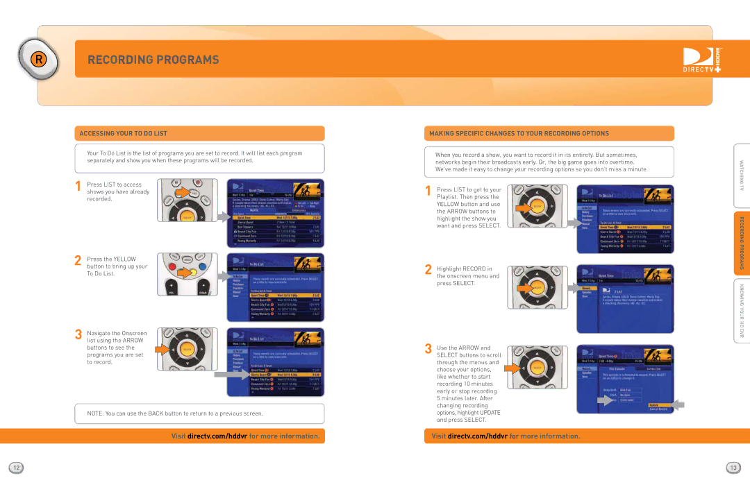 DirecTV HR20QSG0806 quick start Accessing Your To Do List, Making specific changes to your recording options 