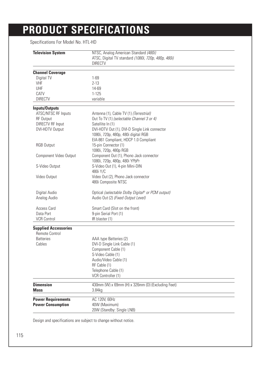 DirecTV HUGHES/ HTL-HD manual Product Specifications, Specifications For Model No. HTL-HD 