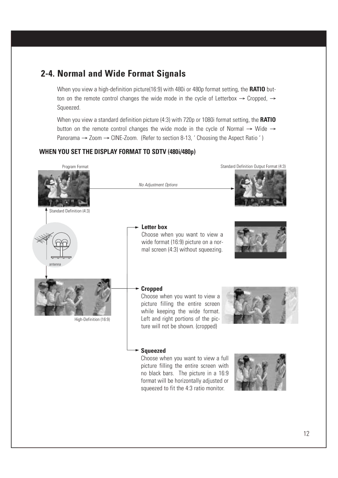 DirecTV HUGHES/ HTL-HD manual Normal and Wide Format Signals, Squeezed, Letter box, Cropped 