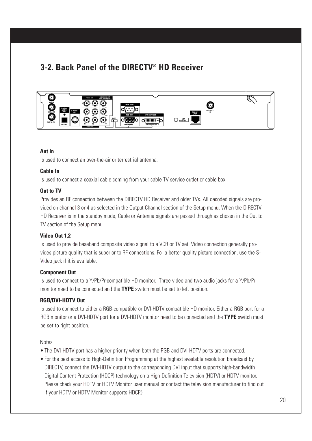 DirecTV HUGHES/ HTL-HD manual Back Panel of the Directv HD Receiver 