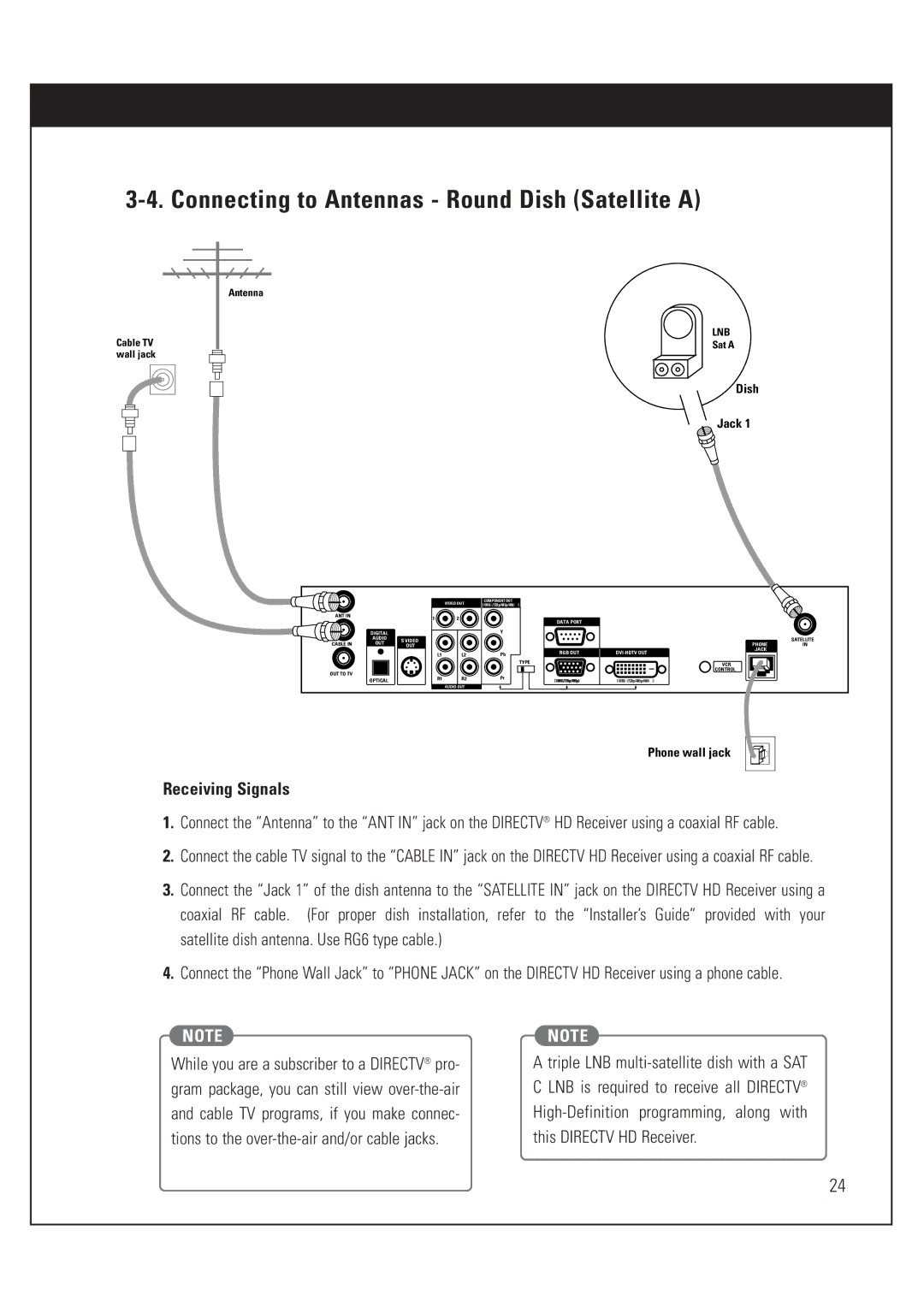 DirecTV HUGHES/ HTL-HD manual Connecting to Antennas Round Dish Satellite a, Dish Jack 