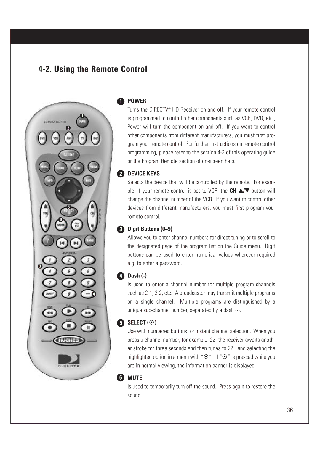 DirecTV HUGHES/ HTL-HD manual Using the Remote Control, Digit Buttons 0~9, Dash 